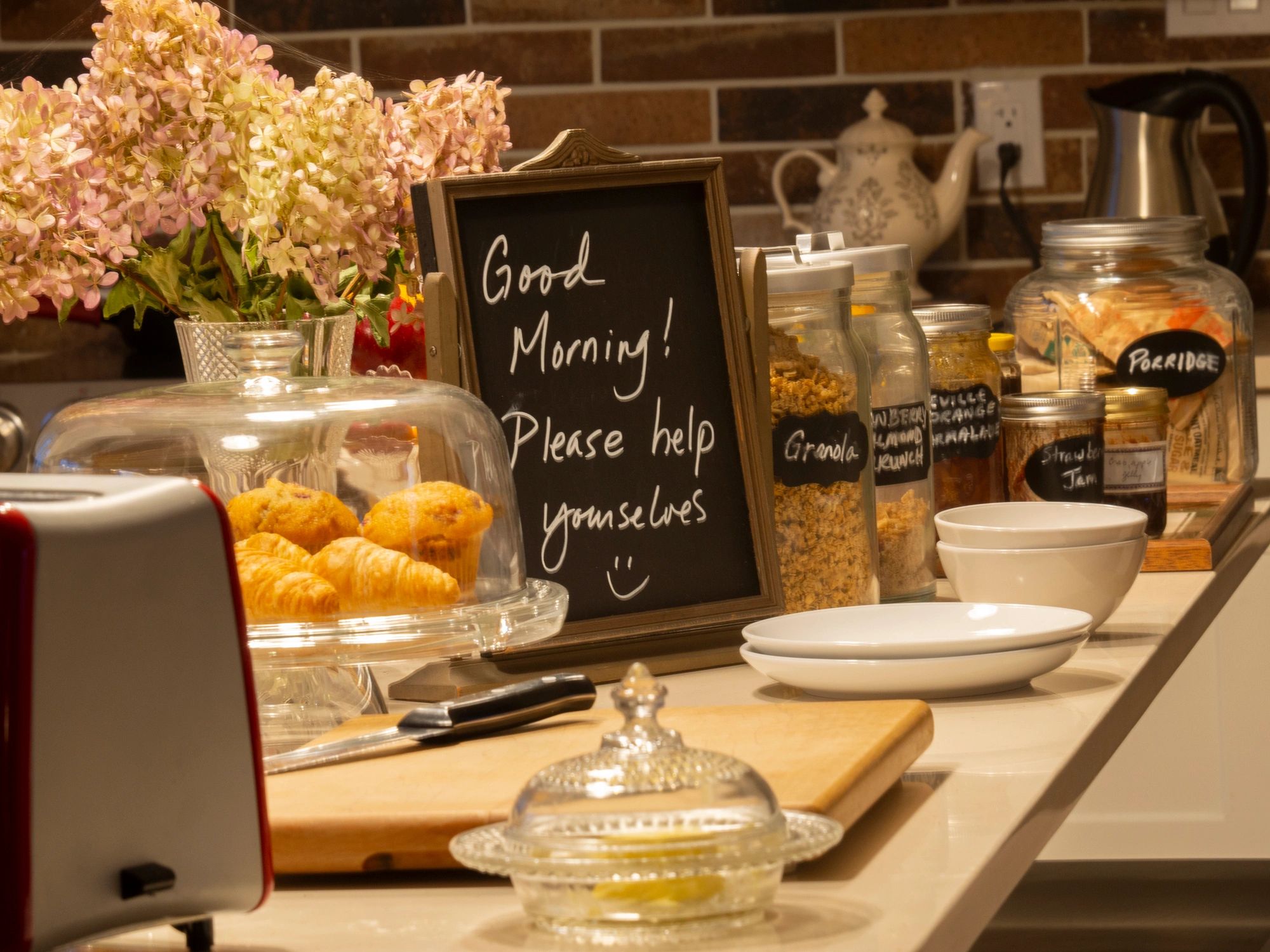 Continental breakfast buffet setup for a meeting break