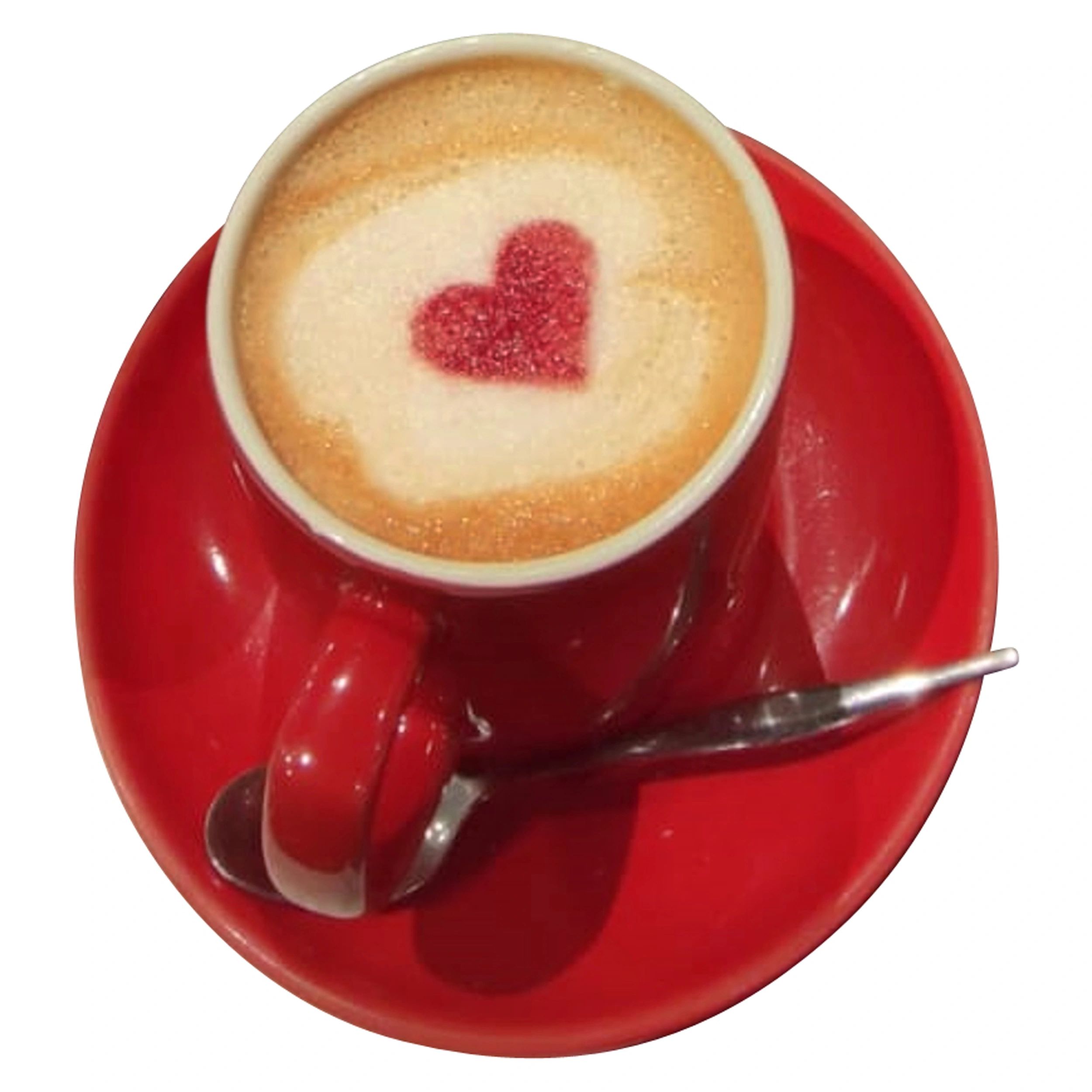 Latte with heart-shaped foam art in a red cup