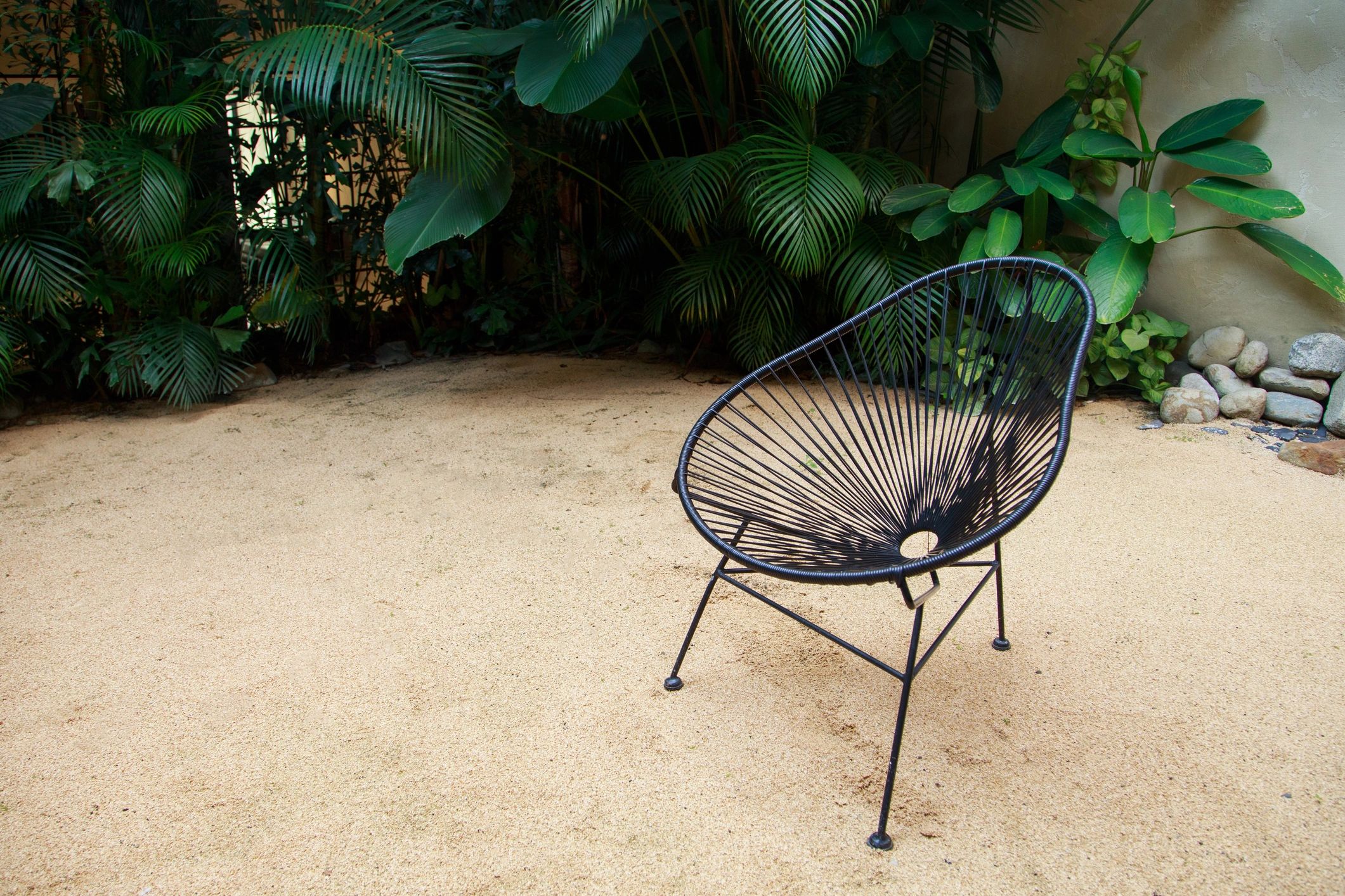 Outdoor seating chairs in a tropical garden setting
